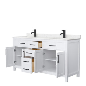 Beckett 66 Inch Double Bathroom Vanity in White Carrara Cultured Marble Countertop Undermount Square Sinks Matte Black Trim