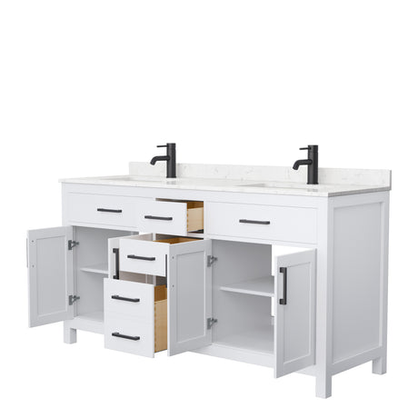 Beckett 66 Inch Double Bathroom Vanity in White Carrara Cultured Marble Countertop Undermount Square Sinks Matte Black Trim