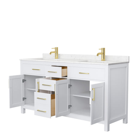 Beckett 66 Inch Double Bathroom Vanity in White Carrara Cultured Marble Countertop Undermount Square Sinks Brushed Gold Trim