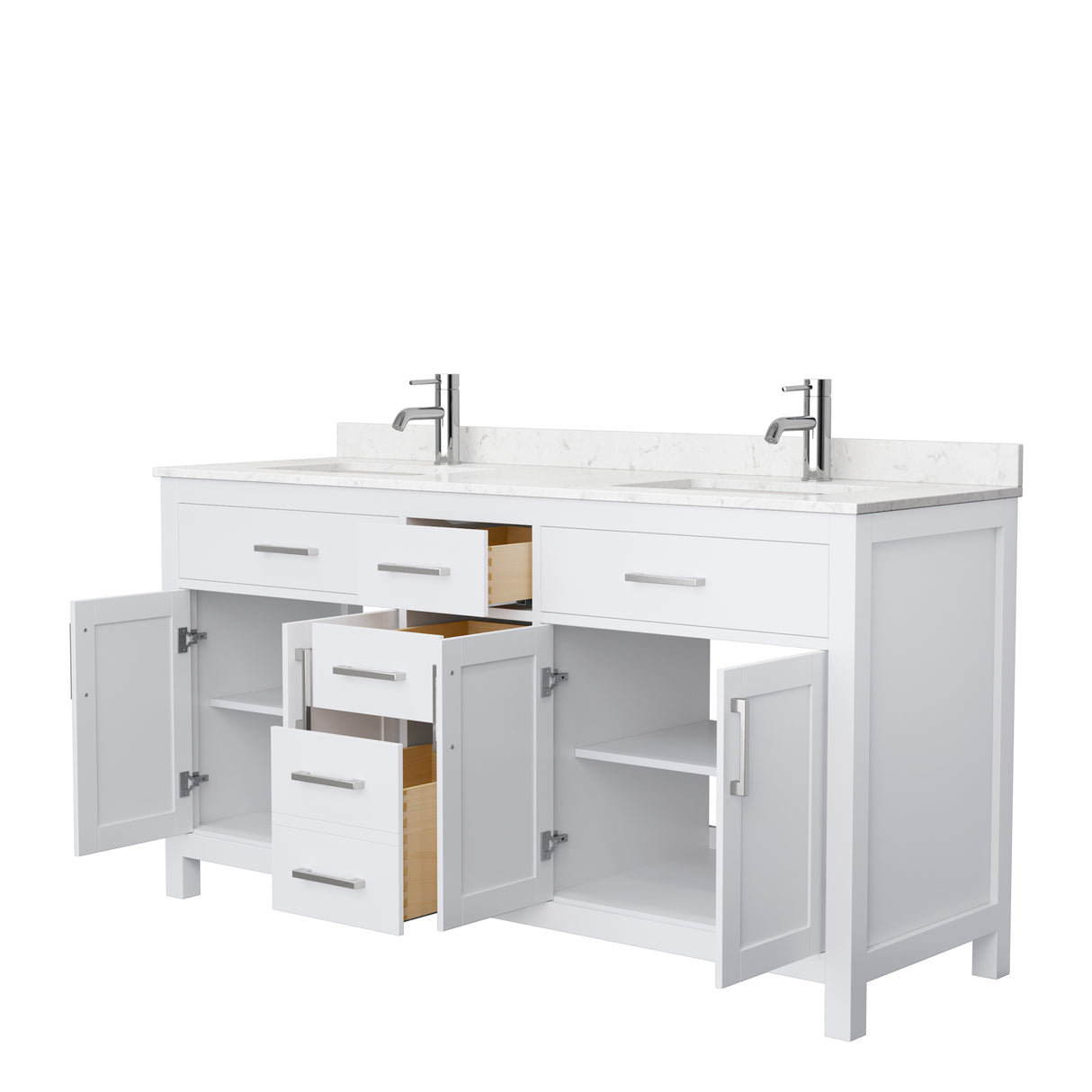 Beckett 66 Inch Double Bathroom Vanity in White Carrara Cultured Marble Countertop Undermount Square Sinks No Mirror