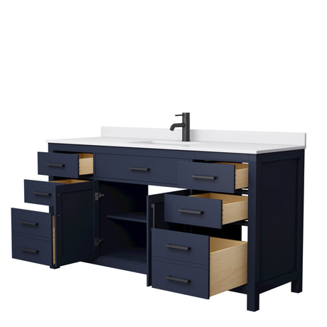 Beckett 66 Inch Single Bathroom Vanity in Dark Blue White Cultured Marble Countertop Undermount Square Sink Matte Black Trim