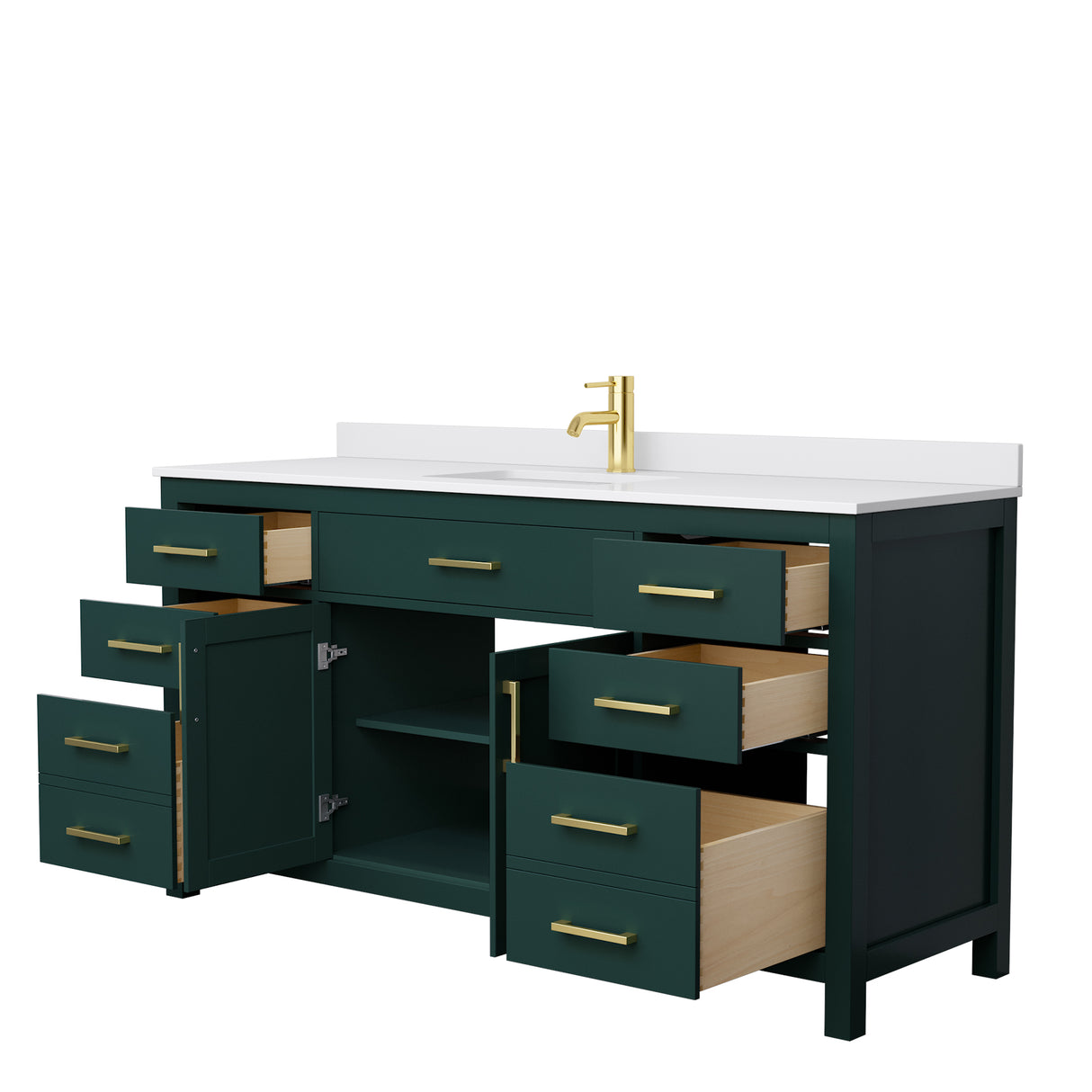 Beckett 66 Inch Single Bathroom Vanity in Green White Cultured Marble Countertop Undermount Square Sink Brushed Gold Trim