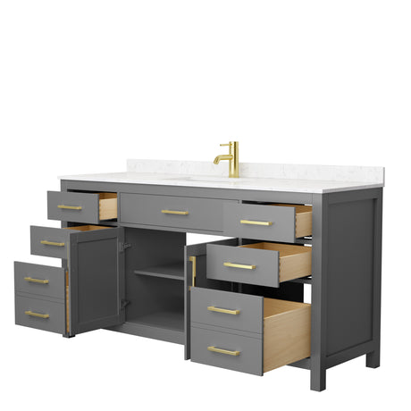 Beckett 66 Inch Single Bathroom Vanity in Dark Gray Carrara Cultured Marble Countertop Undermount Square Sink Brushed Gold Trim