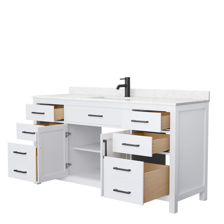 Beckett 66 Inch Single Bathroom Vanity in White Carrara Cultured Marble Countertop Undermount Square Sink Matte Black Trim