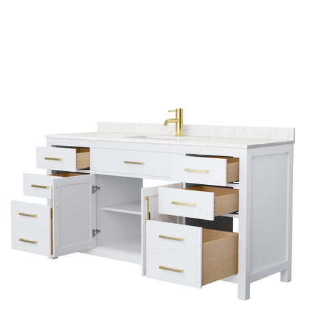 Beckett 66 Inch Single Bathroom Vanity in White Carrara Cultured Marble Countertop Undermount Square Sink Brushed Gold Trim
