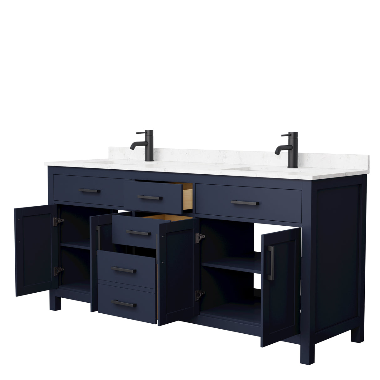 Beckett 72 Inch Double Bathroom Vanity in Dark Blue Carrara Cultured Marble Countertop Undermount Square Sinks Matte Black Trim