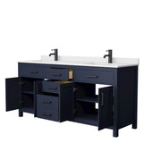 Beckett 72 Inch Double Bathroom Vanity in Dark Blue White Cultured Marble Countertop Undermount Square Sinks Matte Black Trim
