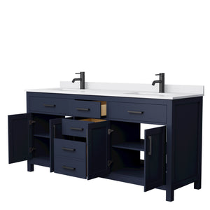 Beckett 72 Inch Double Bathroom Vanity in Dark Blue White Cultured Marble Countertop Undermount Square Sinks Matte Black Trim