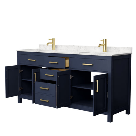 Beckett 72 Inch Double Bathroom Vanity in Dark Blue Carrara Cultured Marble Countertop Undermount Square Sinks No Mirror