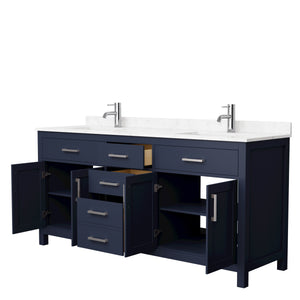 Beckett 72 Inch Double Bathroom Vanity in Dark Blue Carrara Cultured Marble Countertop Undermount Square Sinks Brushed Nickel Trim