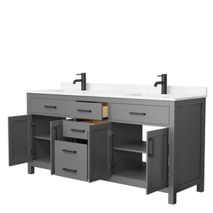 Beckett 72 Inch Double Bathroom Vanity in Dark Gray Carrara Cultured Marble Countertop Undermount Square Sinks Matte Black Trim
