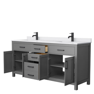 Beckett 72 Inch Double Bathroom Vanity in Dark Gray White Cultured Marble Countertop Undermount Square Sinks Matte Black Trim