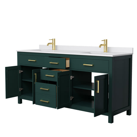 Beckett 72 Inch Double Bathroom Vanity in Green White Cultured Marble Countertop Undermount Square Sinks Brushed Gold Trim