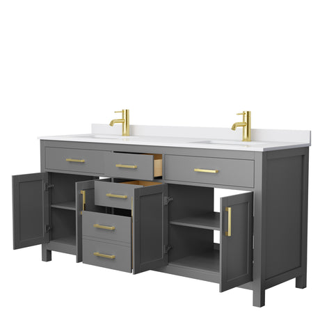 Beckett 72 Inch Double Bathroom Vanity in Dark Gray White Cultured Marble Countertop Undermount Square Sinks Brushed Gold Trim