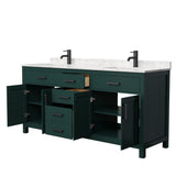 Beckett 72 Inch Double Bathroom Vanity in Green Carrara Cultured Marble Countertop Undermount Square Sinks Matte Black Trim
