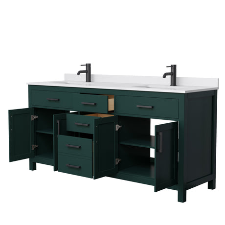 Beckett 72 Inch Double Bathroom Vanity in Green White Cultured Marble Countertop Undermount Square Sinks Matte Black Trim