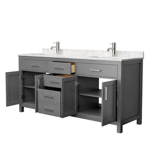 Beckett 72 Inch Double Bathroom Vanity in Dark Gray Carrara Cultured Marble Countertop Undermount Square Sinks No Mirror
