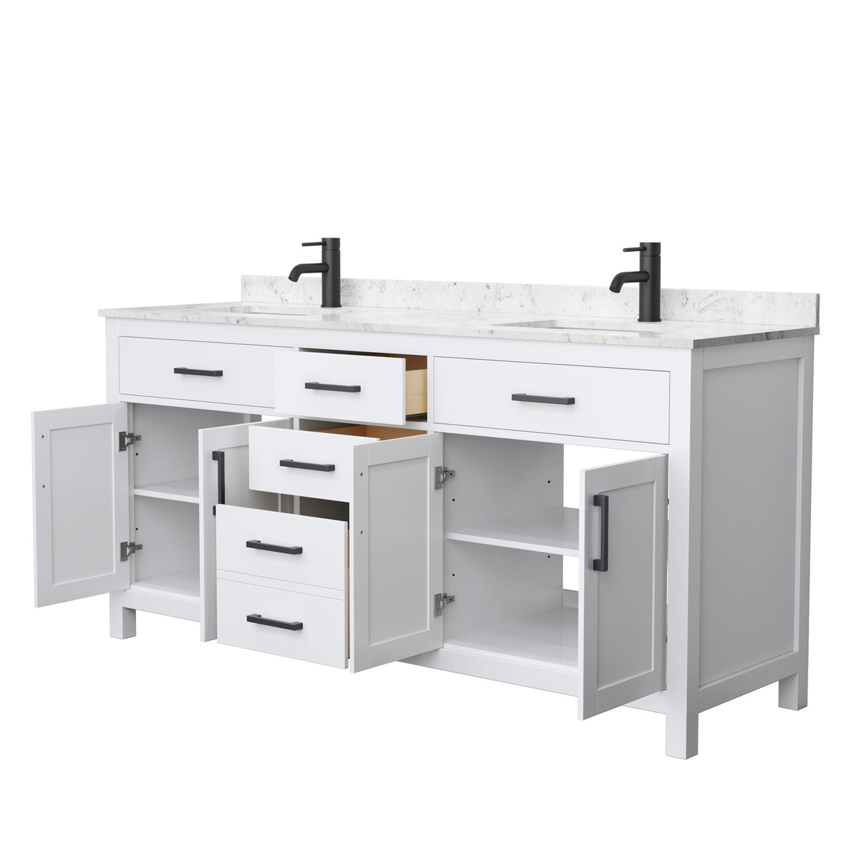 Beckett 72 Inch Double Bathroom Vanity in White Carrara Cultured Marble Countertop Undermount Square Sinks Matte Black Trim