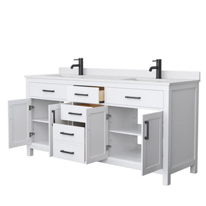 Beckett 72 Inch Double Bathroom Vanity in White White Cultured Marble Countertop Undermount Square Sinks Matte Black Trim