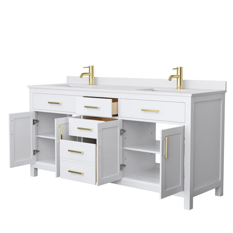 Beckett 72 Inch Double Bathroom Vanity in White White Cultured Marble Countertop Undermount Square Sinks Brushed Gold Trim