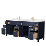 Beckett 84 Inch Double Bathroom Vanity in Dark Blue Carrara Cultured Marble Countertop Undermount Square Sinks No Mirror