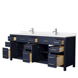 Beckett 84 Inch Double Bathroom Vanity in Dark Blue Carrara Cultured Marble Countertop Undermount Square Sinks Brushed Nickel Trim