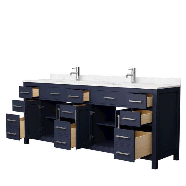 Beckett 84 Inch Double Bathroom Vanity in Dark Blue Carrara Cultured Marble Countertop Undermount Square Sinks Brushed Nickel Trim