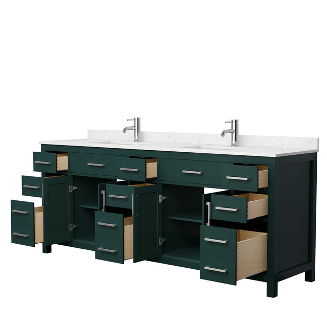 Beckett 84 Inch Double Bathroom Vanity in Green Carrara Cultured Marble Countertop Undermount Square Sinks Brushed Nickel Trim
