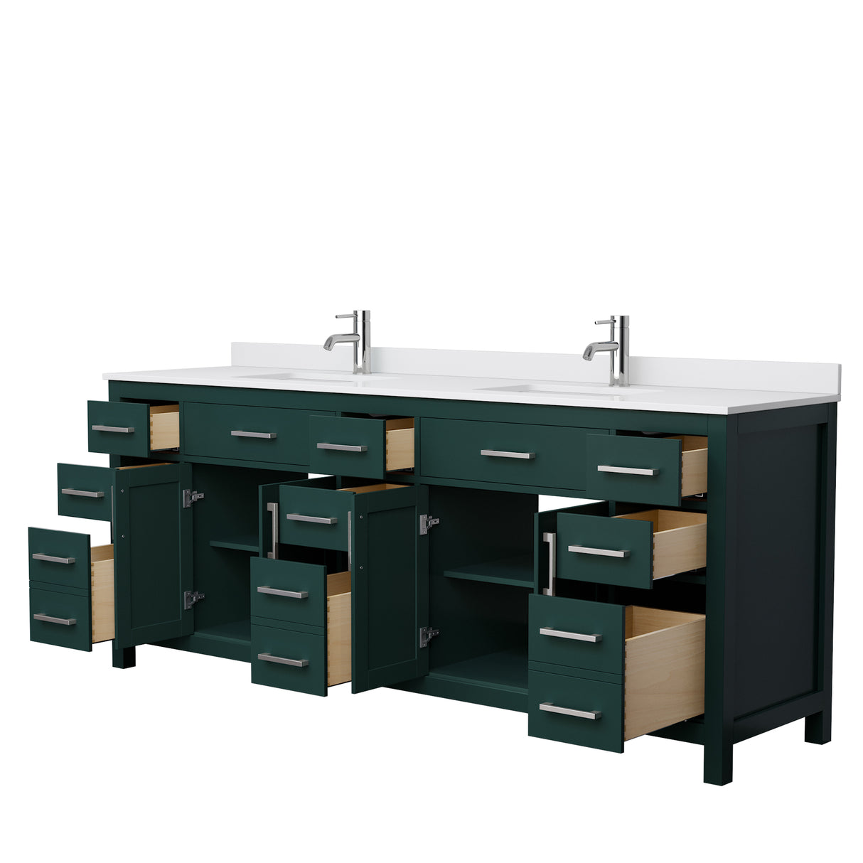 Beckett 84 Inch Double Bathroom Vanity in Green White Cultured Marble Countertop Undermount Square Sinks Brushed Nickel Trim