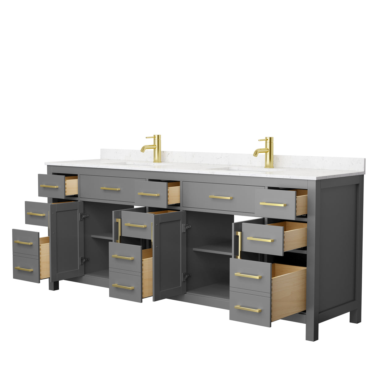 Beckett 84 Inch Double Bathroom Vanity in Dark Gray Carrara Cultured Marble Countertop Undermount Square Sinks Brushed Gold Trim