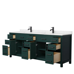 Beckett 84 Inch Double Bathroom Vanity in Green Carrara Cultured Marble Countertop Undermount Square Sinks Matte Black Trim