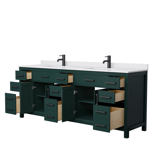 Beckett 84 Inch Double Bathroom Vanity in Green White Cultured Marble Countertop Undermount Square Sinks Matte Black Trim