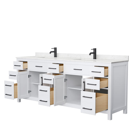 Beckett 84 Inch Double Bathroom Vanity in White Carrara Cultured Marble Countertop Undermount Square Sinks Matte Black Trim