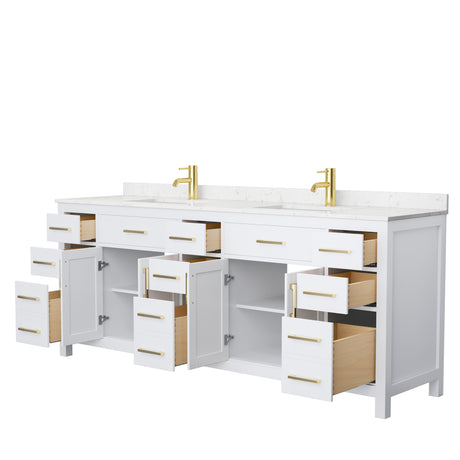 Beckett 84 Inch Double Bathroom Vanity in White Carrara Cultured Marble Countertop Undermount Square Sinks Brushed Gold Trim