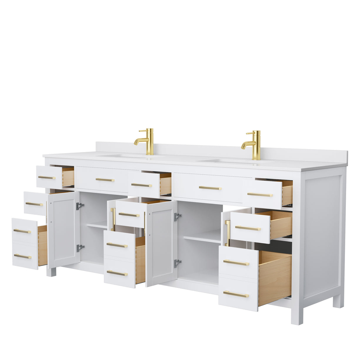 Beckett 84 Inch Double Bathroom Vanity in White White Cultured Marble Countertop Undermount Square Sinks Brushed Gold Trim