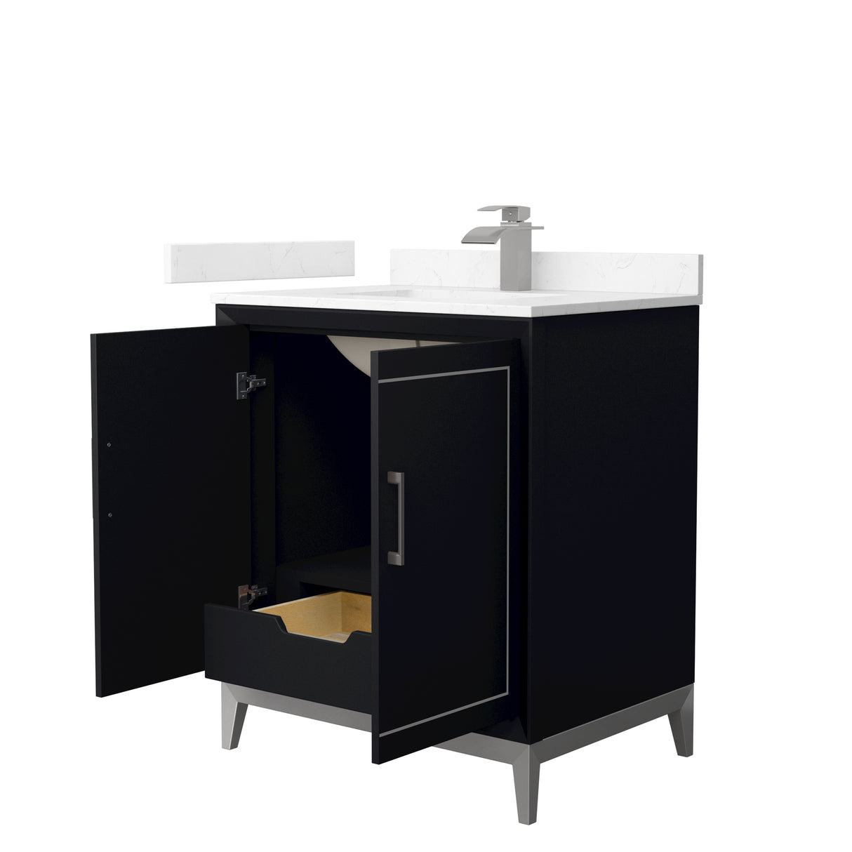 Marlena 30 Inch Single Bathroom Vanity in Black Carrara Cultured Marble Countertop Undermount Square Sink Brushed Nickel Trim