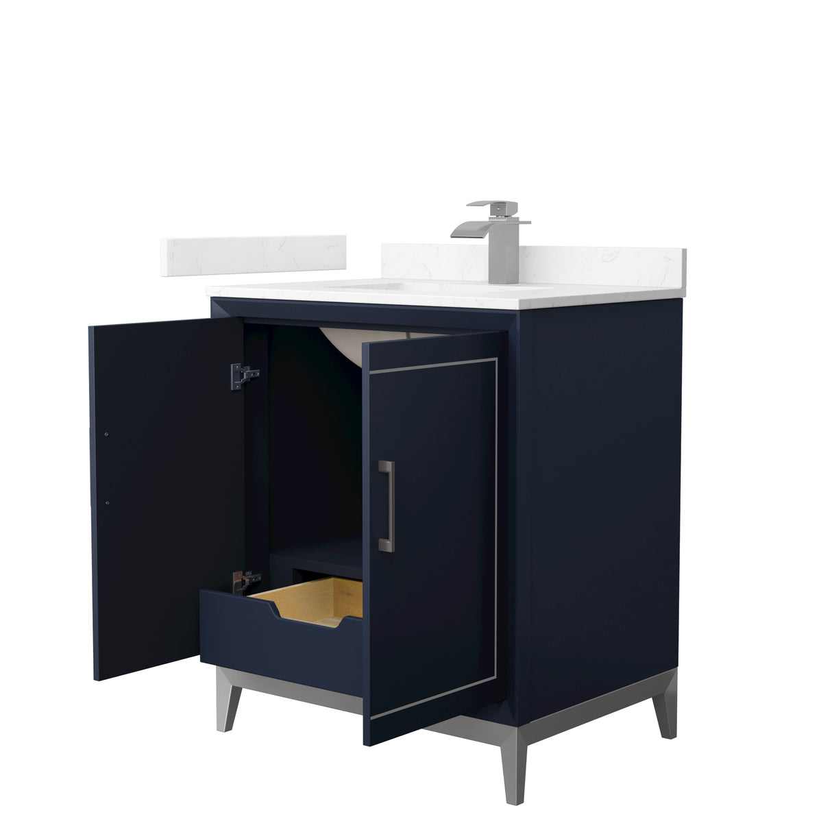 Marlena 30 Inch Single Bathroom Vanity in Dark Blue Carrara Cultured Marble Countertop Undermount Square Sink Brushed Nickel Trim