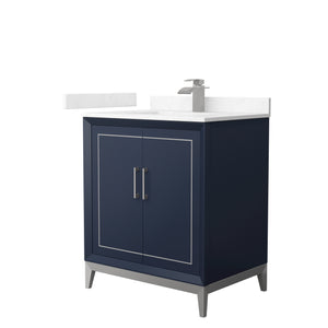 Marlena 30 Inch Single Bathroom Vanity in Dark Blue Carrara Cultured Marble Countertop Undermount Square Sink Brushed Nickel Trim