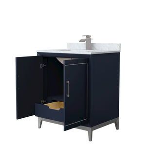 Marlena 30 Inch Single Bathroom Vanity in Dark Blue White Carrara Marble Countertop Undermount Square Sink Brushed Nickel Trim