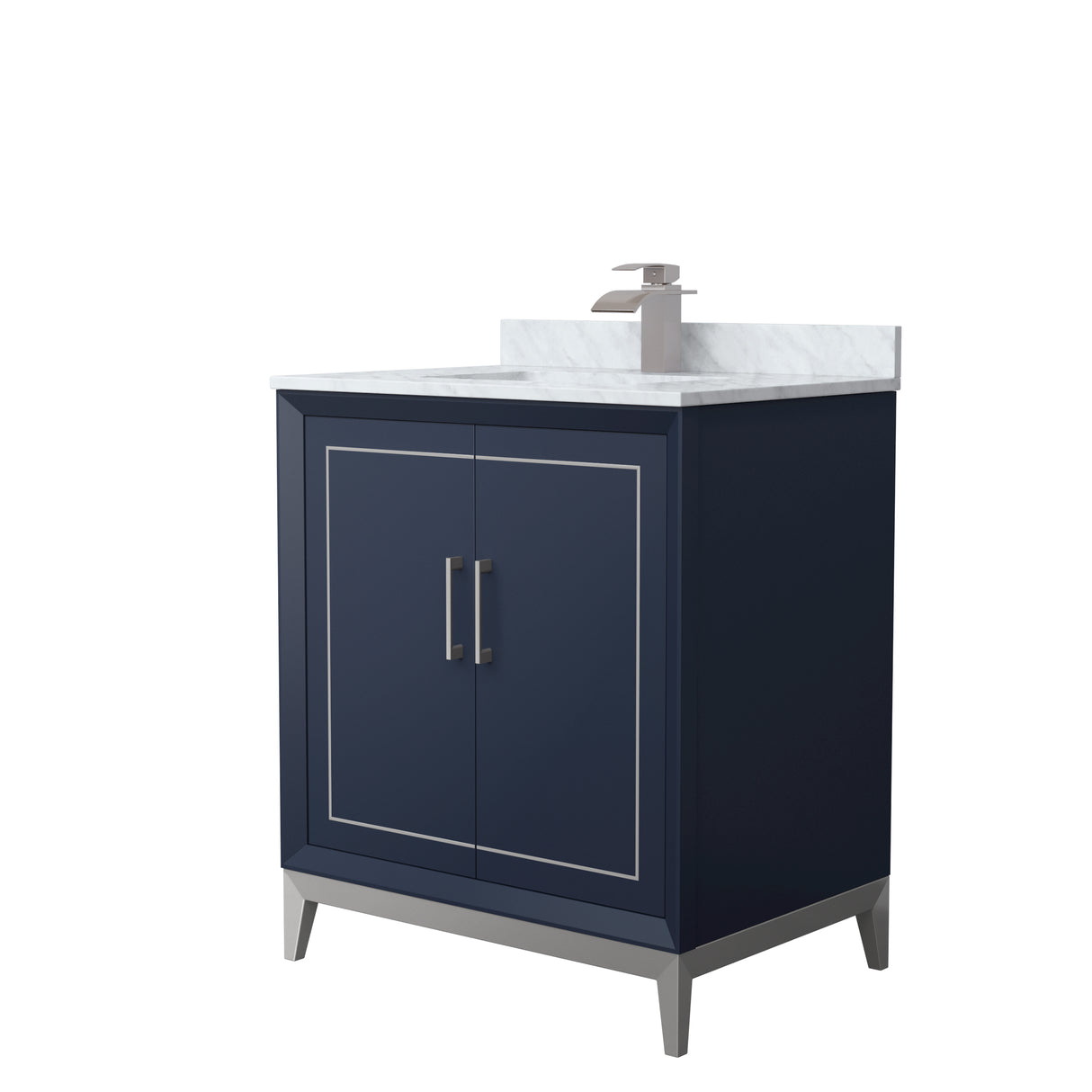 Marlena 30 Inch Single Bathroom Vanity in Dark Blue White Carrara Marble Countertop Undermount Square Sink Brushed Nickel Trim