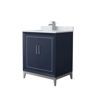 Marlena 30 Inch Single Bathroom Vanity in Dark Blue White Carrara Marble Countertop Undermount Square Sink Brushed Nickel Trim
