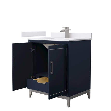 Marlena 30 Inch Single Bathroom Vanity in Dark Blue White Cultured Marble Countertop Undermount Square Sink Brushed Nickel Trim