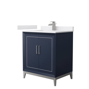 Marlena 30 Inch Single Bathroom Vanity in Dark Blue White Cultured Marble Countertop Undermount Square Sink Brushed Nickel Trim