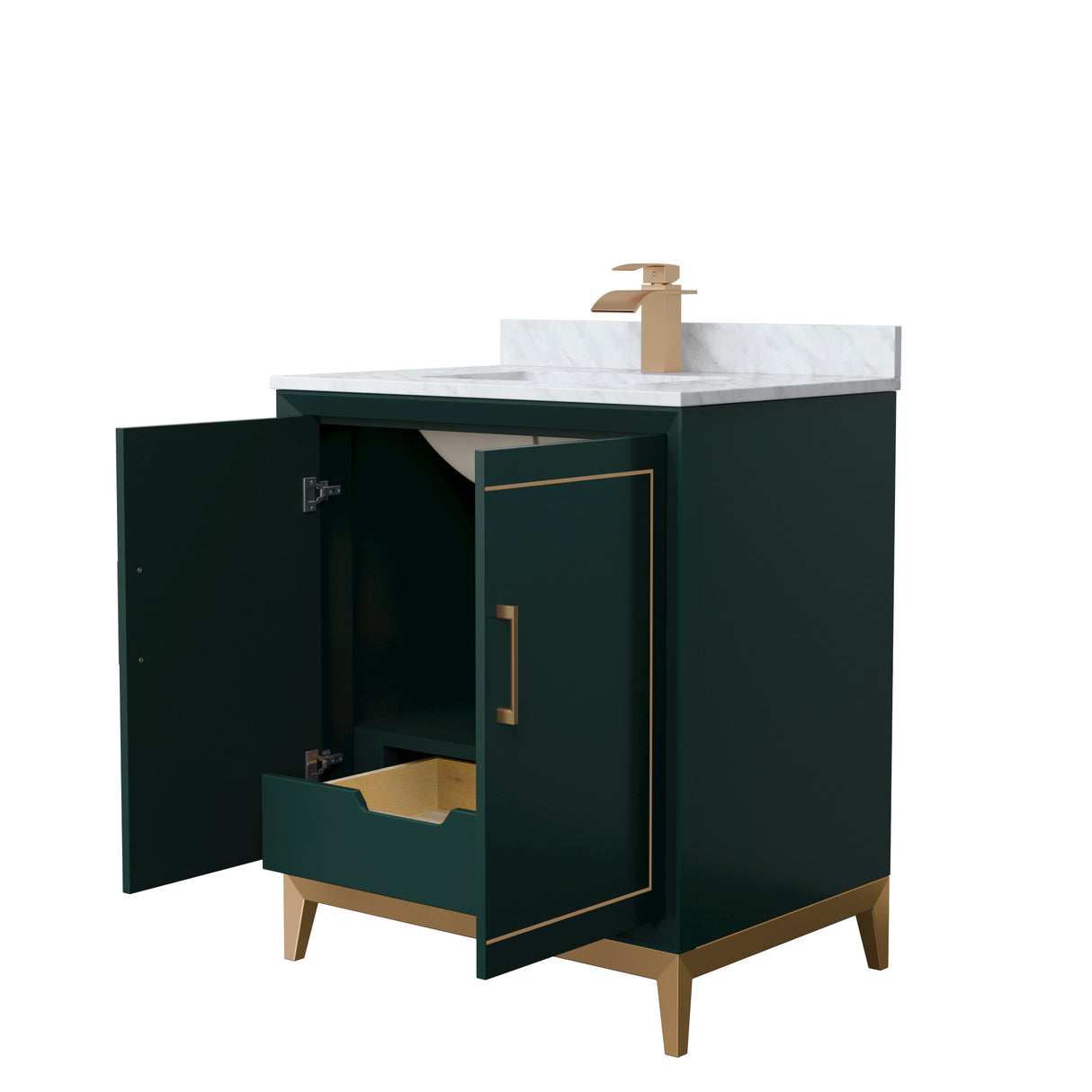 Marlena 30 Inch Single Bathroom Vanity in Green White Carrara Marble Countertop Undermount Square Sink Satin Bronze Trim