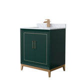 Marlena 30 Inch Single Bathroom Vanity in Green White Carrara Marble Countertop Undermount Square Sink Satin Bronze Trim