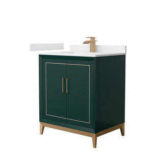 Marlena 30 Inch Single Bathroom Vanity in Green White Cultured Marble Countertop Undermount Square Sink Satin Bronze Trim