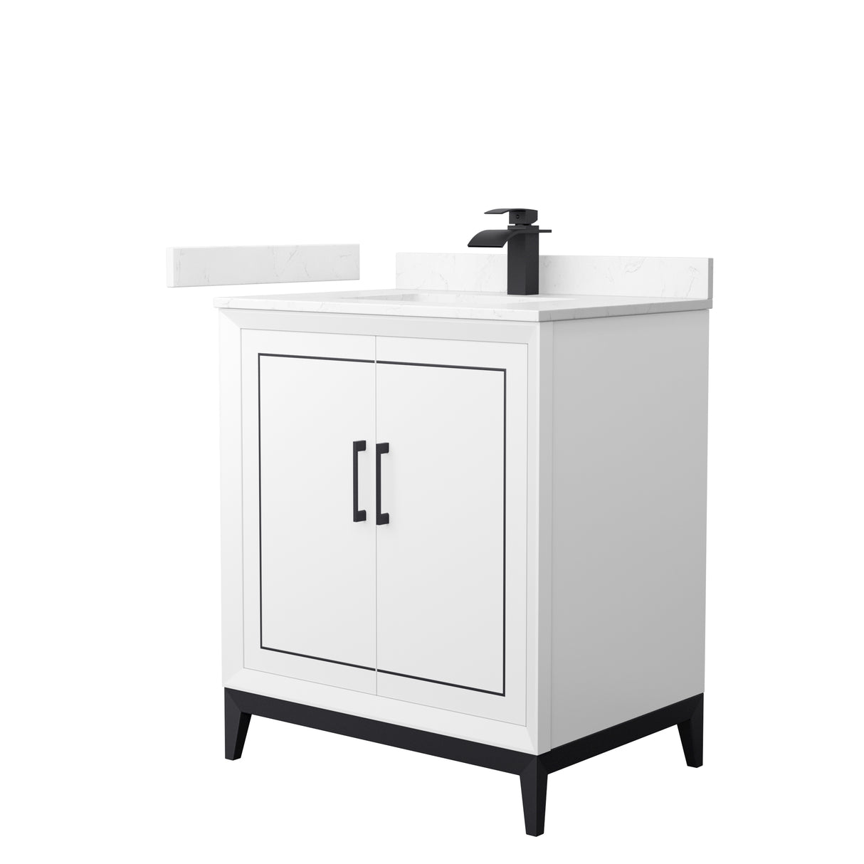 Marlena 30 Inch Single Bathroom Vanity in White Carrara Cultured Marble Countertop Undermount Square Sink Matte Black Trim