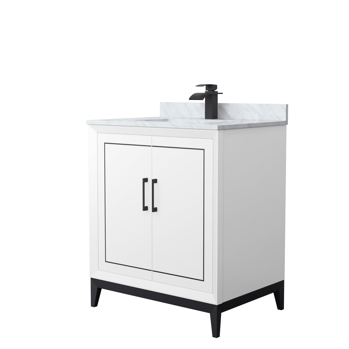 Marlena 30 Inch Single Bathroom Vanity in White White Carrara Marble Countertop Undermount Square Sink Matte Black Trim