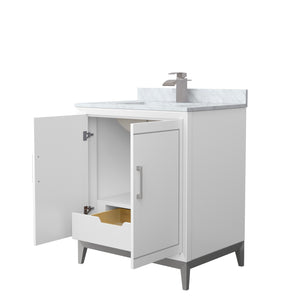 Marlena 30 Inch Single Bathroom Vanity in White White Carrara Marble Countertop Undermount Square Sink Brushed Nickel Trim