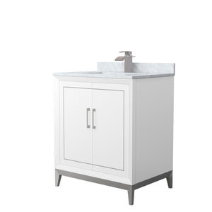 Marlena 30 Inch Single Bathroom Vanity in White White Carrara Marble Countertop Undermount Square Sink Brushed Nickel Trim